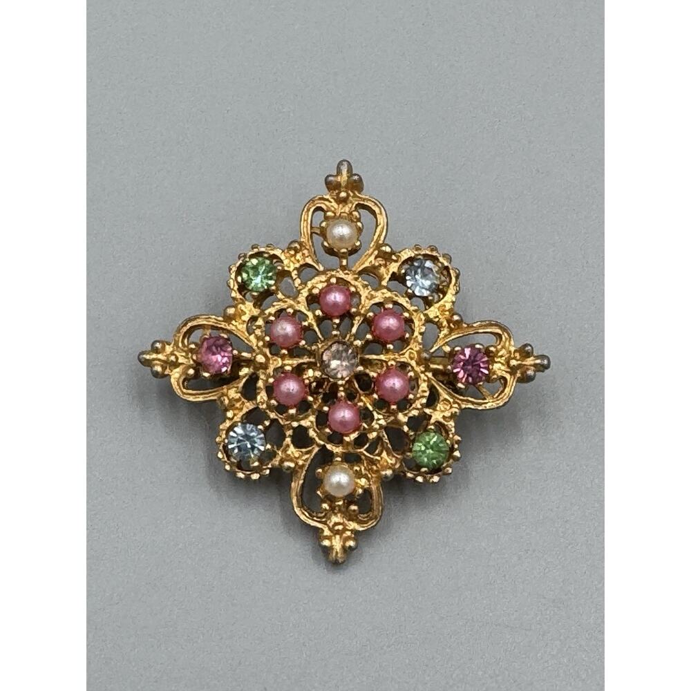 Vintage Open Gold Colored Flower Cross Brooch Multicolor Rhinestones